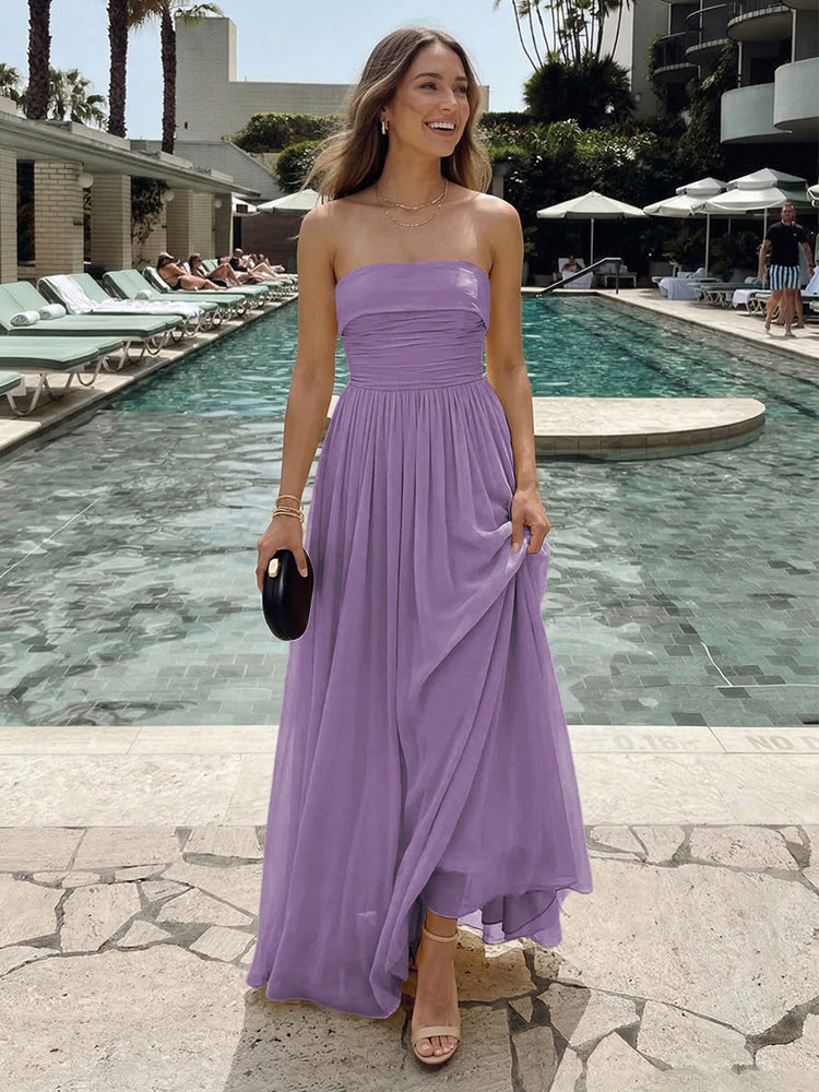 Chiffon A-Line Strapless Long Ruched Bridesmaid Dresses with Pleats