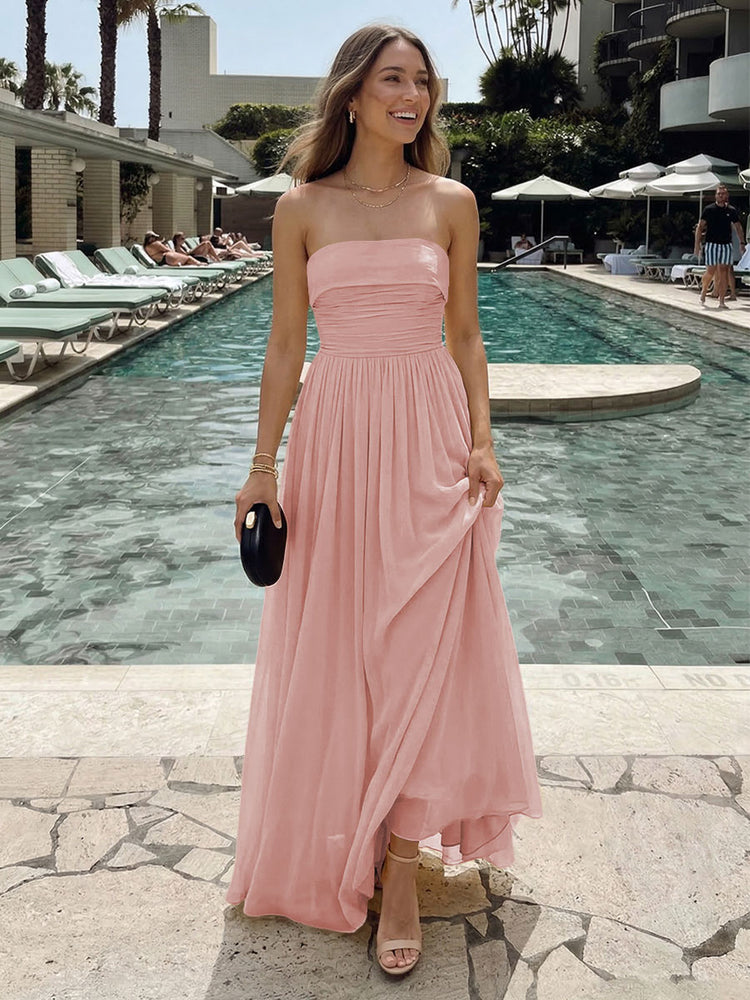 Chiffon A-Line Strapless Long Ruched Bridesmaid Dresses with Pleats
