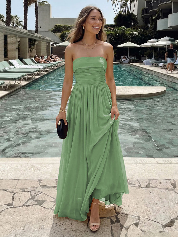 Chiffon A-Line Strapless Long Ruched Bridesmaid Dresses with Pleats