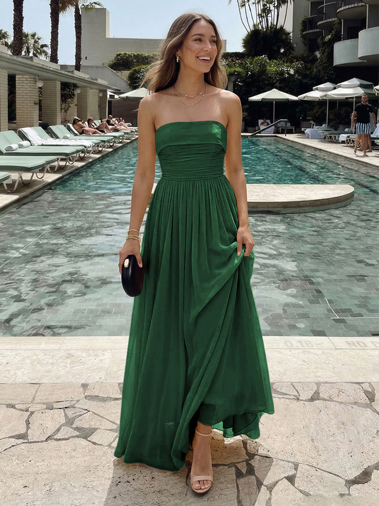 Chiffon A-Line Strapless Long Ruched Bridesmaid Dresses with Pleats