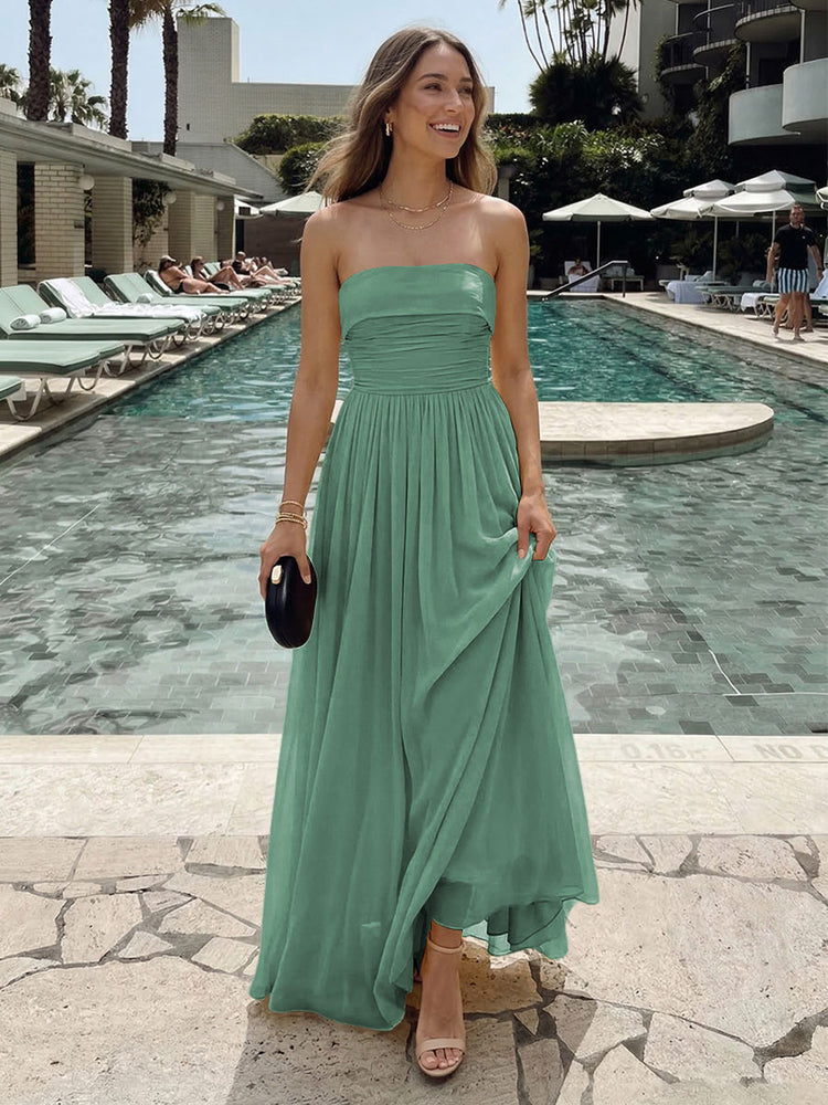 Chiffon A-Line Strapless Long Ruched Bridesmaid Dresses with Pleats