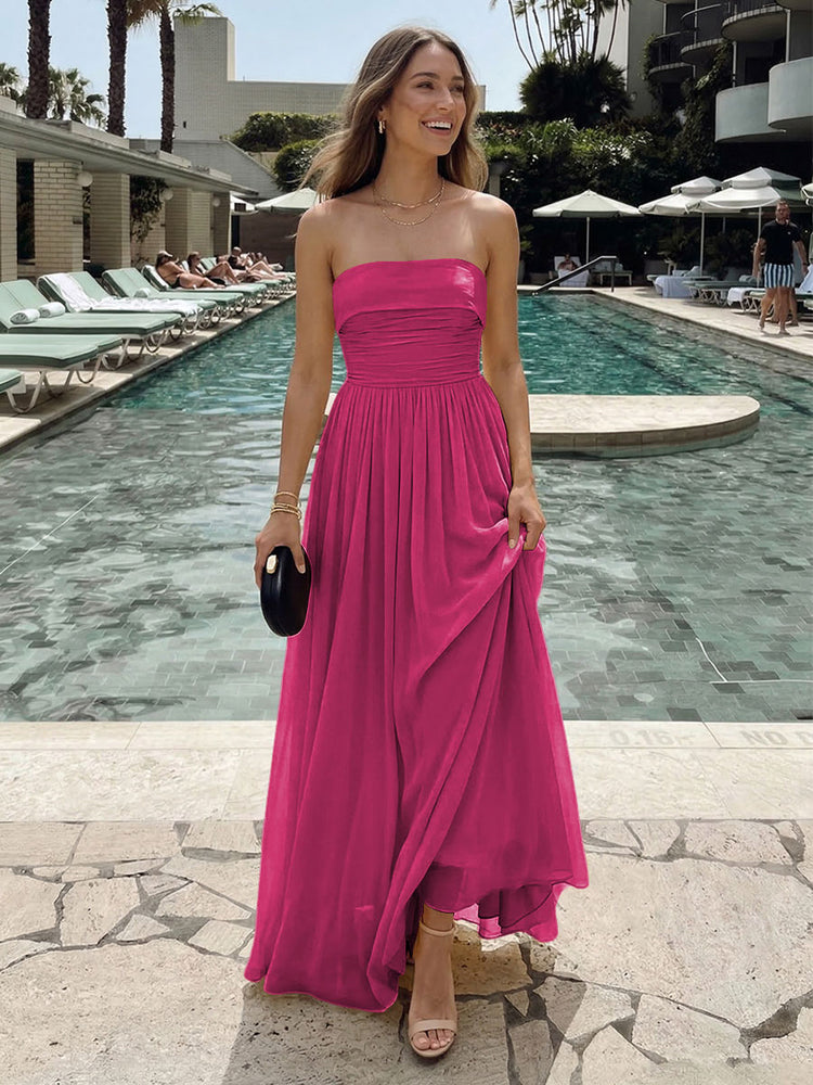 Chiffon A-Line Strapless Long Ruched Bridesmaid Dresses with Pleats