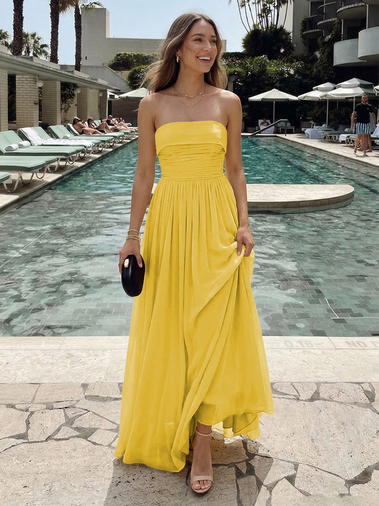 Chiffon A-Line Strapless Long Ruched Bridesmaid Dresses with Pleats