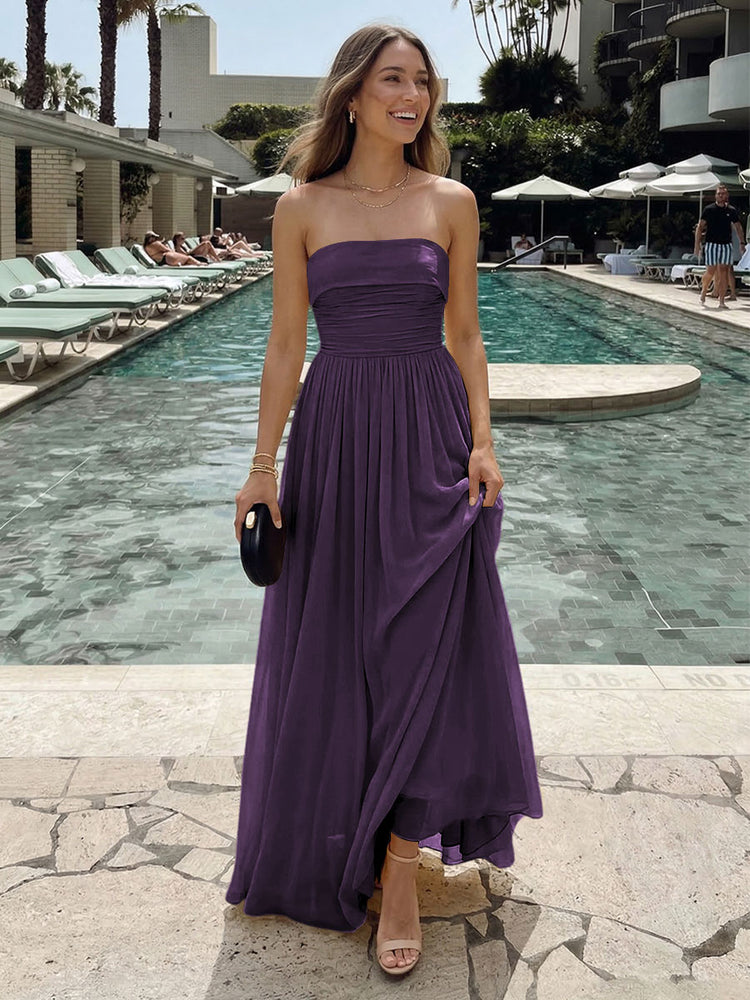 Chiffon A-Line Strapless Long Ruched Bridesmaid Dresses with Pleats