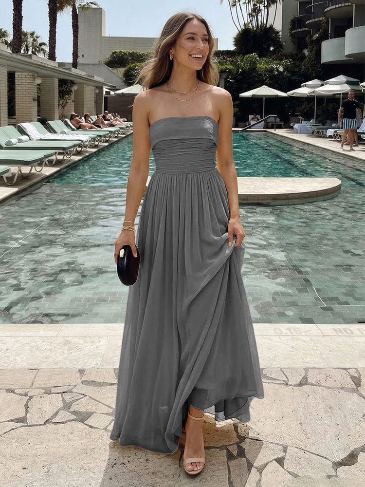 Chiffon A-Line Strapless Long Ruched Bridesmaid Dresses with Pleats
