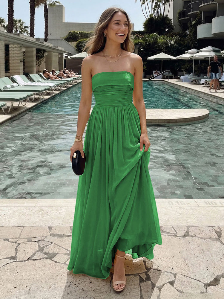 Chiffon A-Line Strapless Long Ruched Bridesmaid Dresses with Pleats