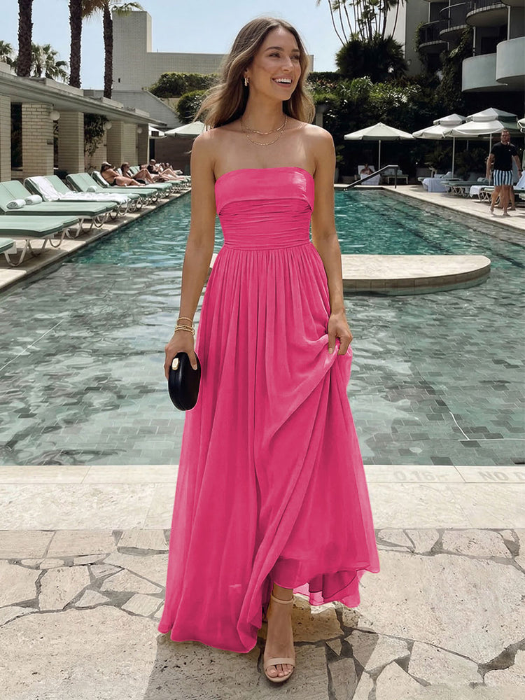 Chiffon A-Line Strapless Long Ruched Bridesmaid Dresses with Pleats