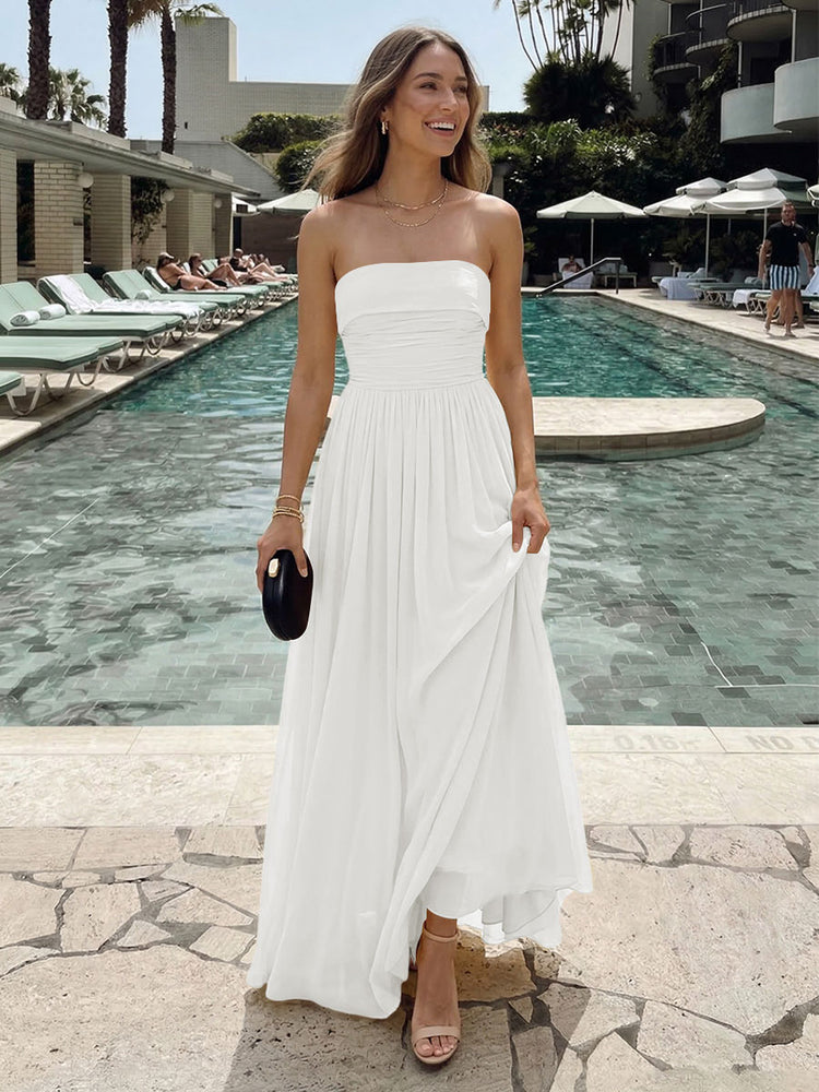 Chiffon A-Line Strapless Long Ruched Bridesmaid Dresses with Pleats