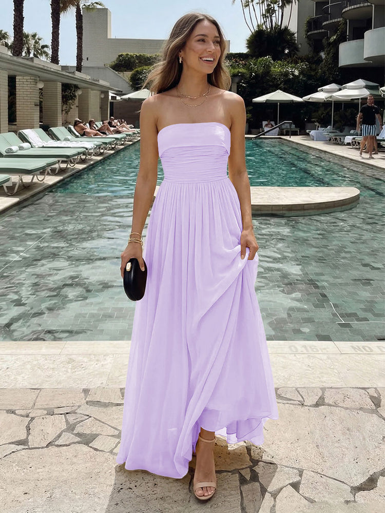 Chiffon A-Line Strapless Long Ruched Bridesmaid Dresses with Pleats