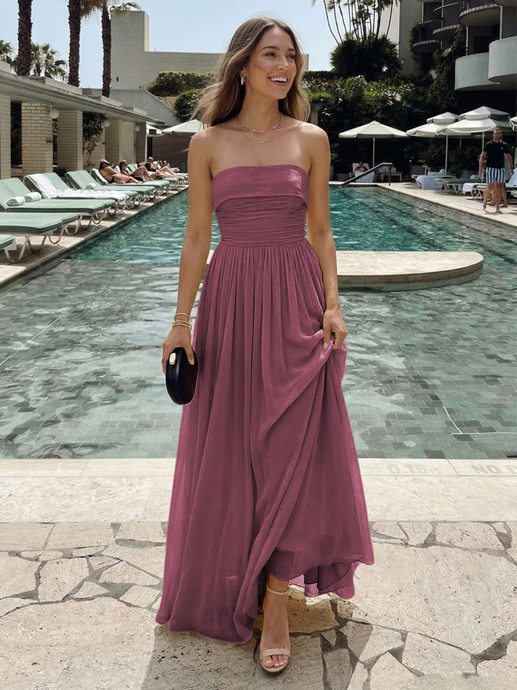 Chiffon A-Line Strapless Long Ruched Bridesmaid Dresses with Pleats