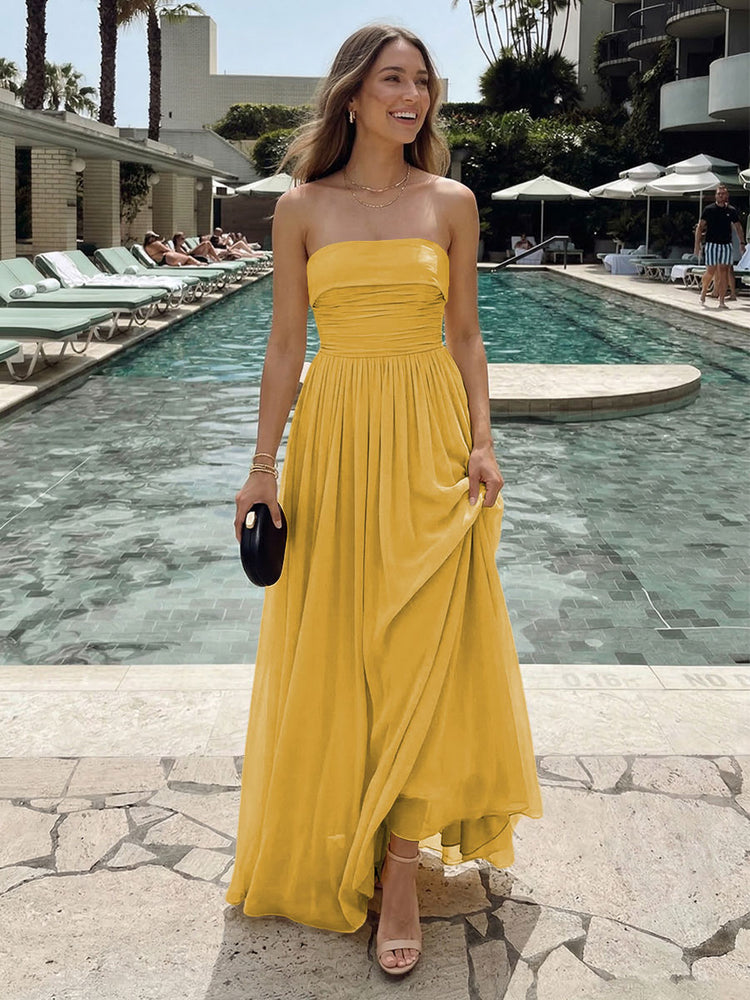 Chiffon A-Line Strapless Long Ruched Bridesmaid Dresses with Pleats