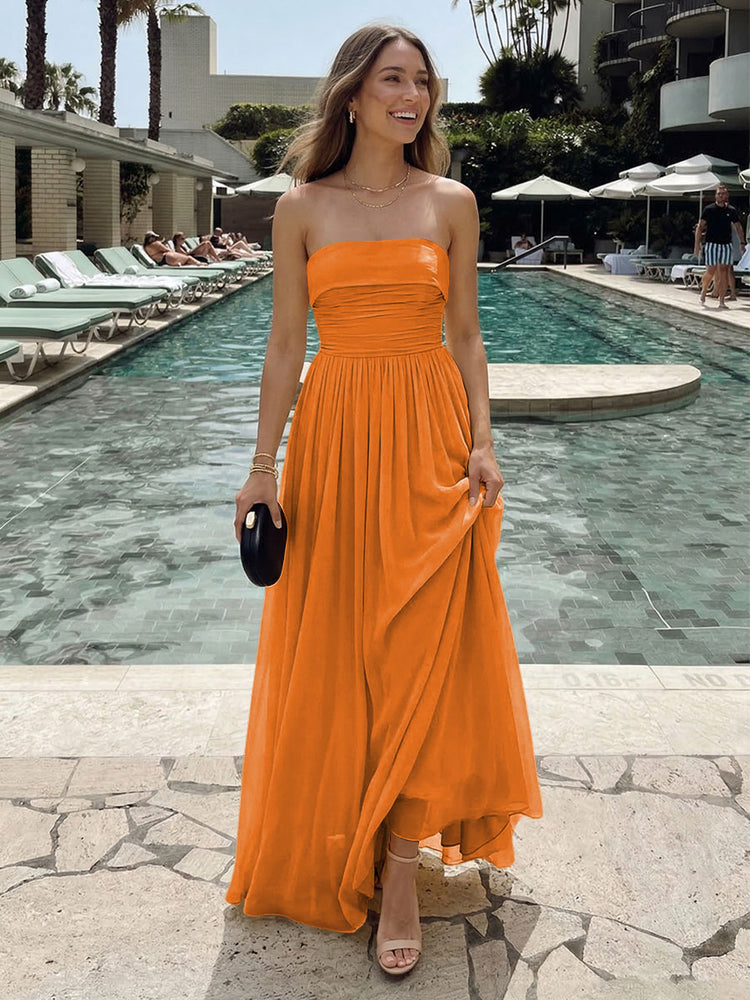 Chiffon A-Line Strapless Long Ruched Bridesmaid Dresses with Pleats