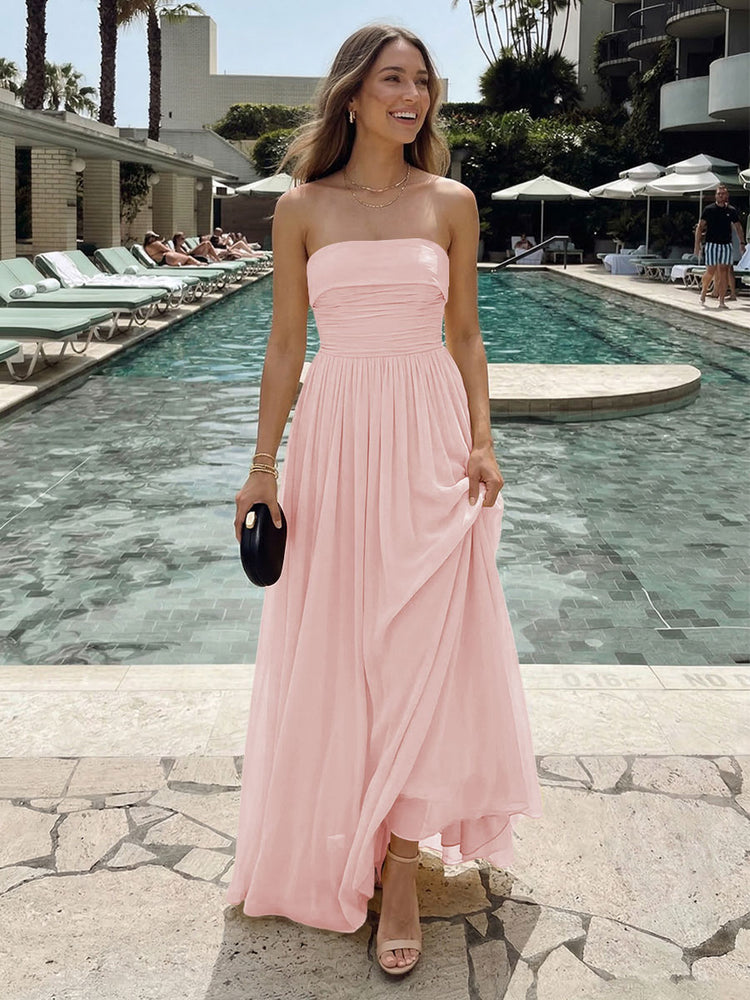Chiffon A-Line Strapless Long Ruched Bridesmaid Dresses with Pleats