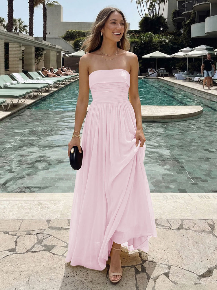 Chiffon A-Line Strapless Long Ruched Bridesmaid Dresses with Pleats