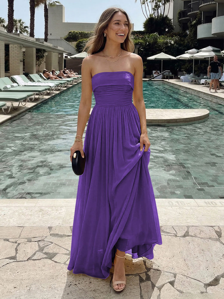 Chiffon A-Line Strapless Long Ruched Bridesmaid Dresses with Pleats