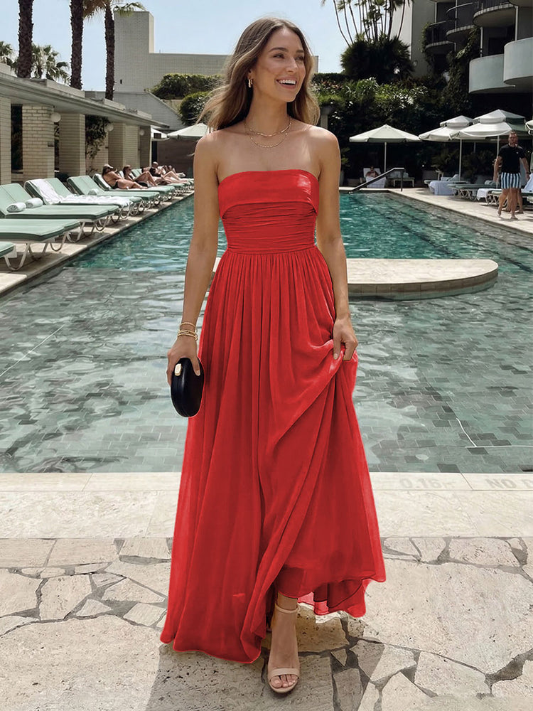 Chiffon A-Line Strapless Long Ruched Bridesmaid Dresses with Pleats