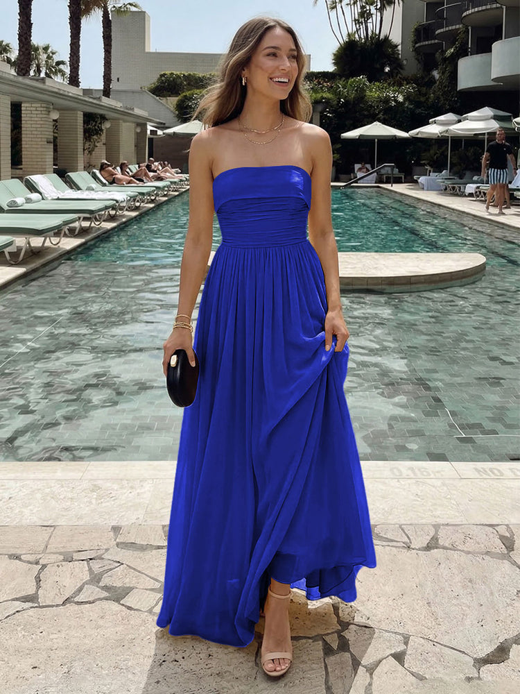 Chiffon A-Line Strapless Long Ruched Bridesmaid Dresses with Pleats