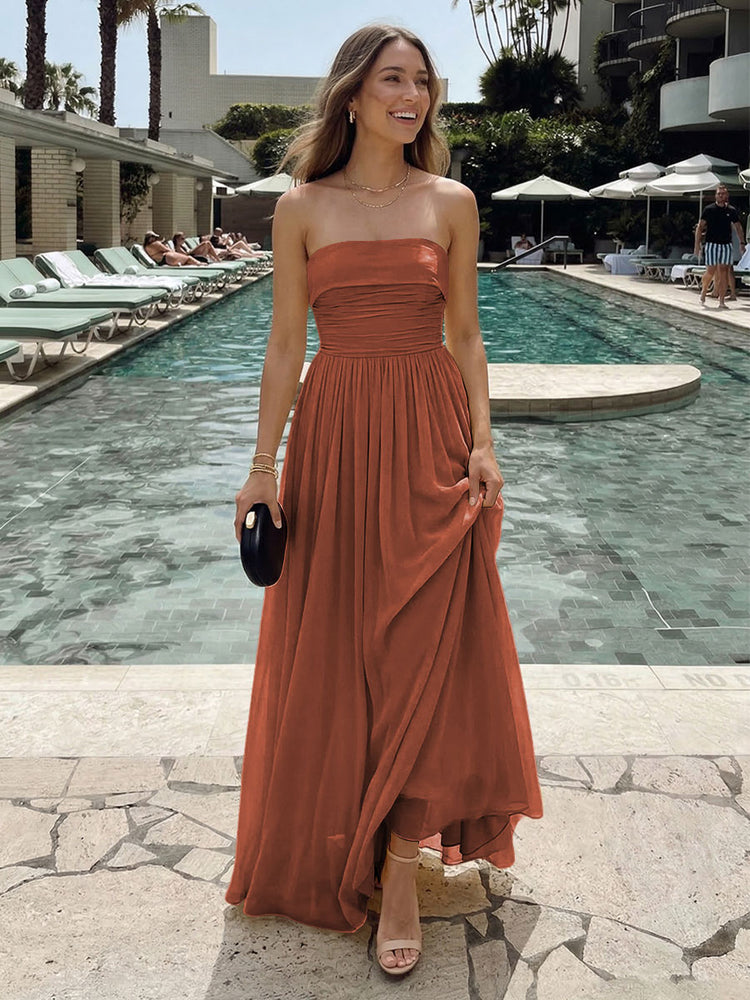 Chiffon A-Line Strapless Long Ruched Bridesmaid Dresses with Pleats