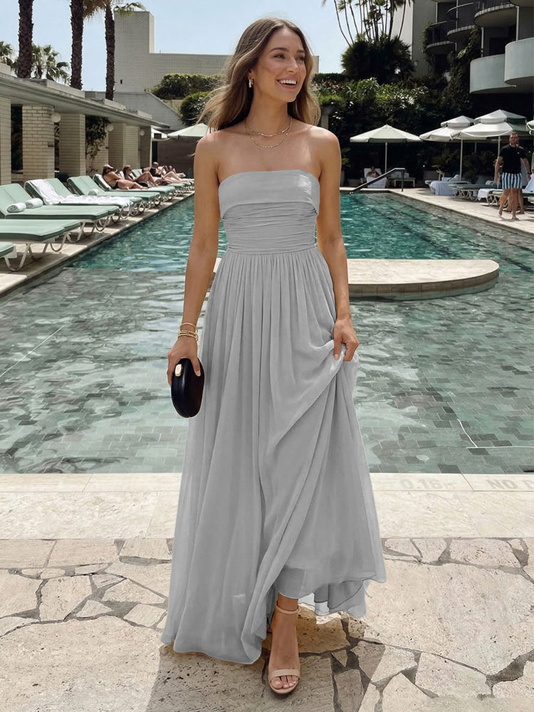 Chiffon A-Line Strapless Long Ruched Bridesmaid Dresses with Pleats