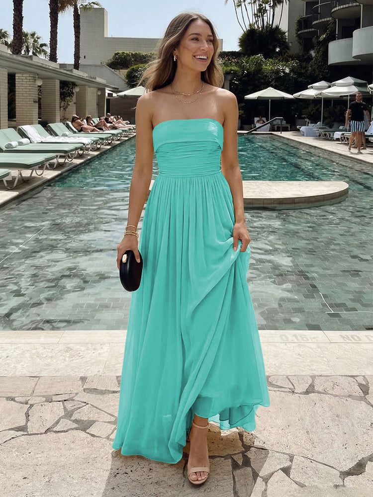 Chiffon A-Line Strapless Long Ruched Bridesmaid Dresses with Pleats