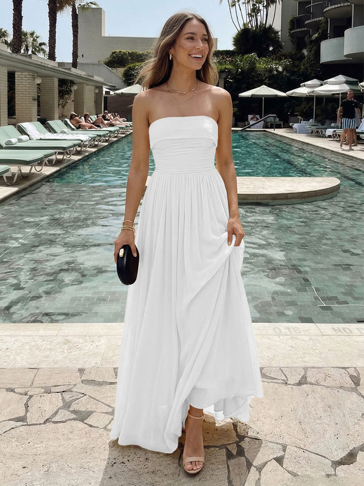 Chiffon A-Line Strapless Long Ruched Bridesmaid Dresses with Pleats