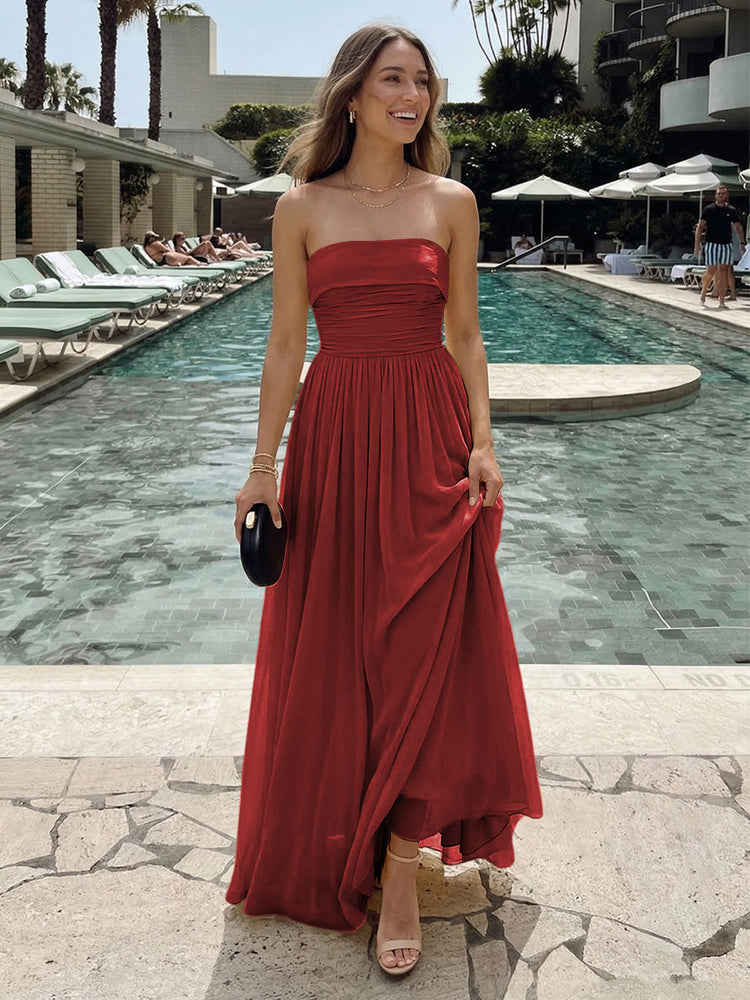 Chiffon A-Line Strapless Long Ruched Bridesmaid Dresses with Pleats
