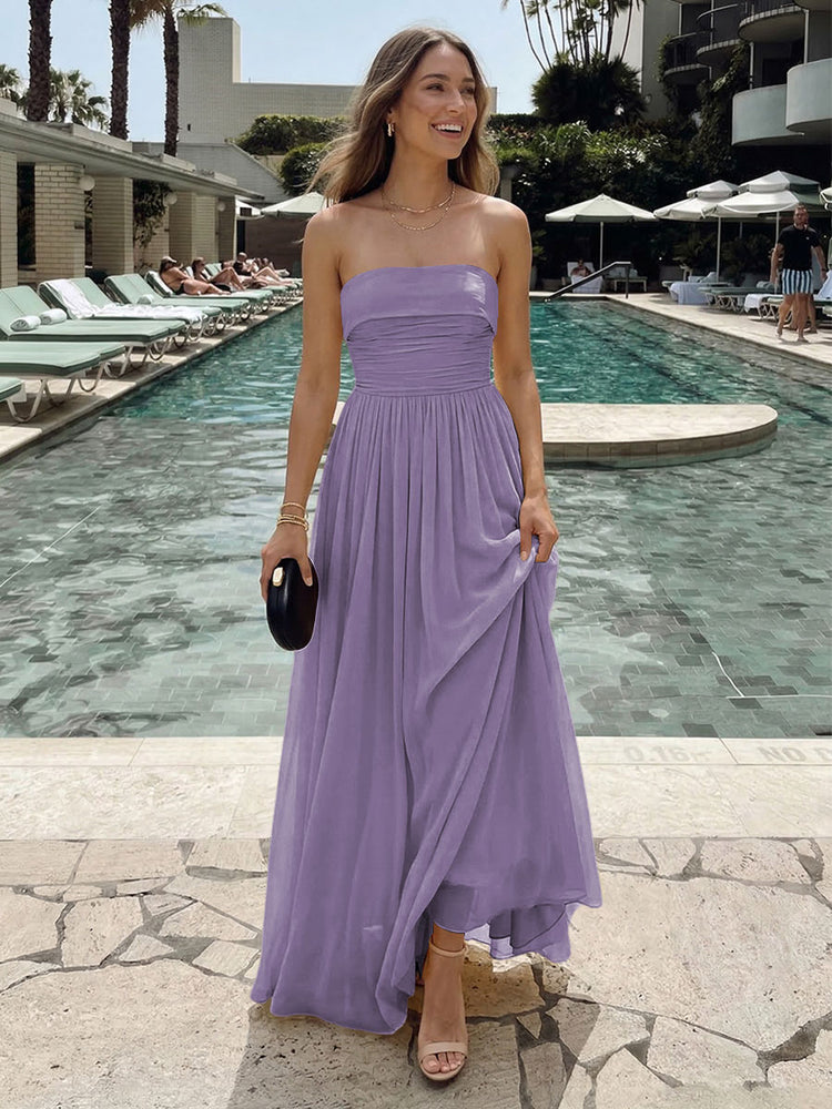 Chiffon A-Line Strapless Long Ruched Bridesmaid Dresses with Pleats