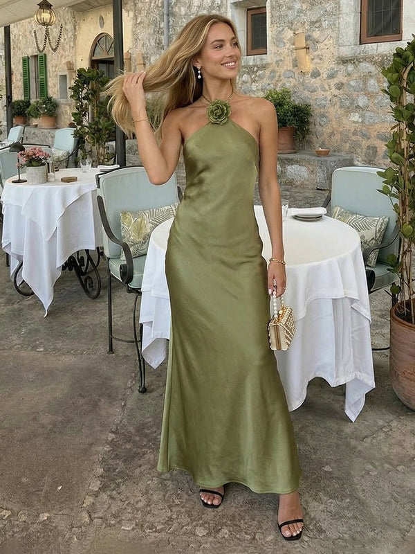 Satin Mermaid Halter Long Bridesmaid Dresses with 3D Flowers