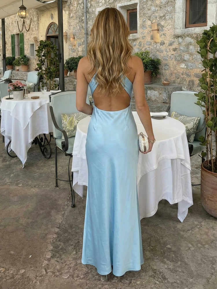 Satin Mermaid Halter Long Bridesmaid Dresses with Cutout