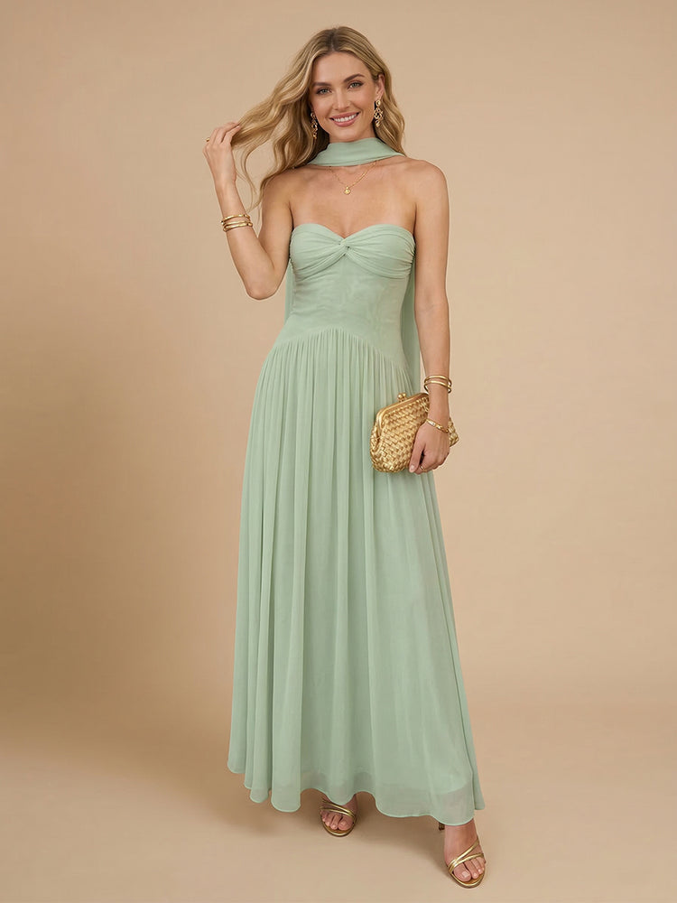 Chiffon A-Line Strapless Long Bridesmaid Dresses with Scarf