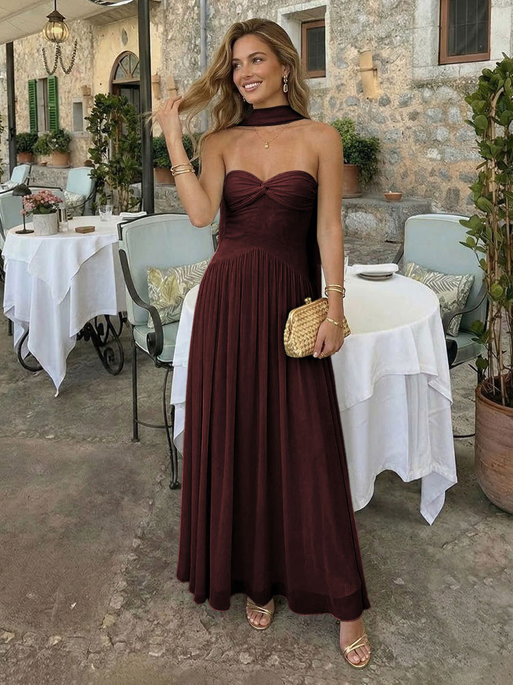 Chiffon A-Line Strapless Long Bridesmaid Dresses with Scarf