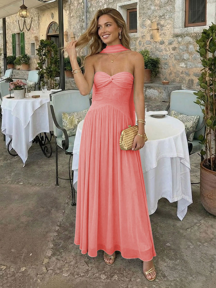 Chiffon A-Line Strapless Long Bridesmaid Dresses with Scarf