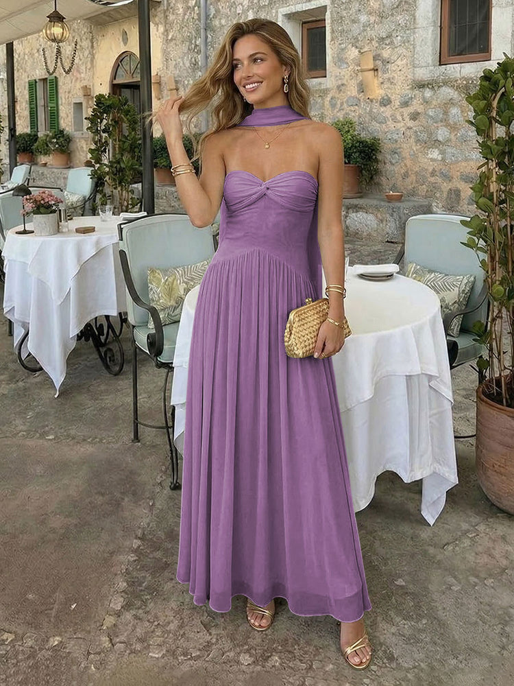 Chiffon A-Line Strapless Long Bridesmaid Dresses with Scarf