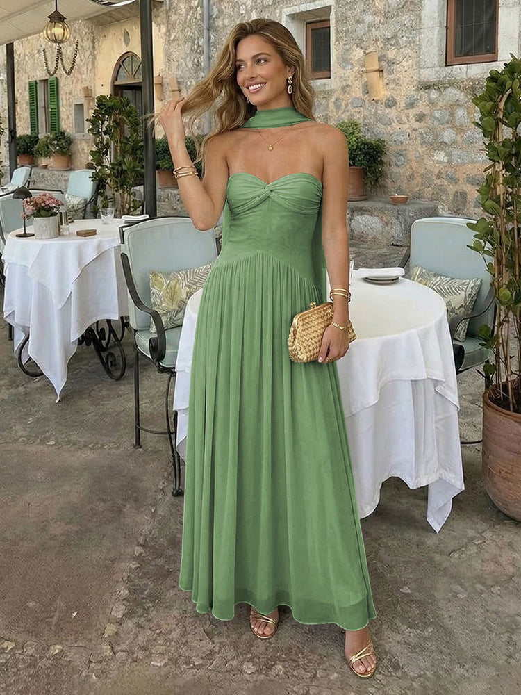 Chiffon A-Line Strapless Long Bridesmaid Dresses with Scarf