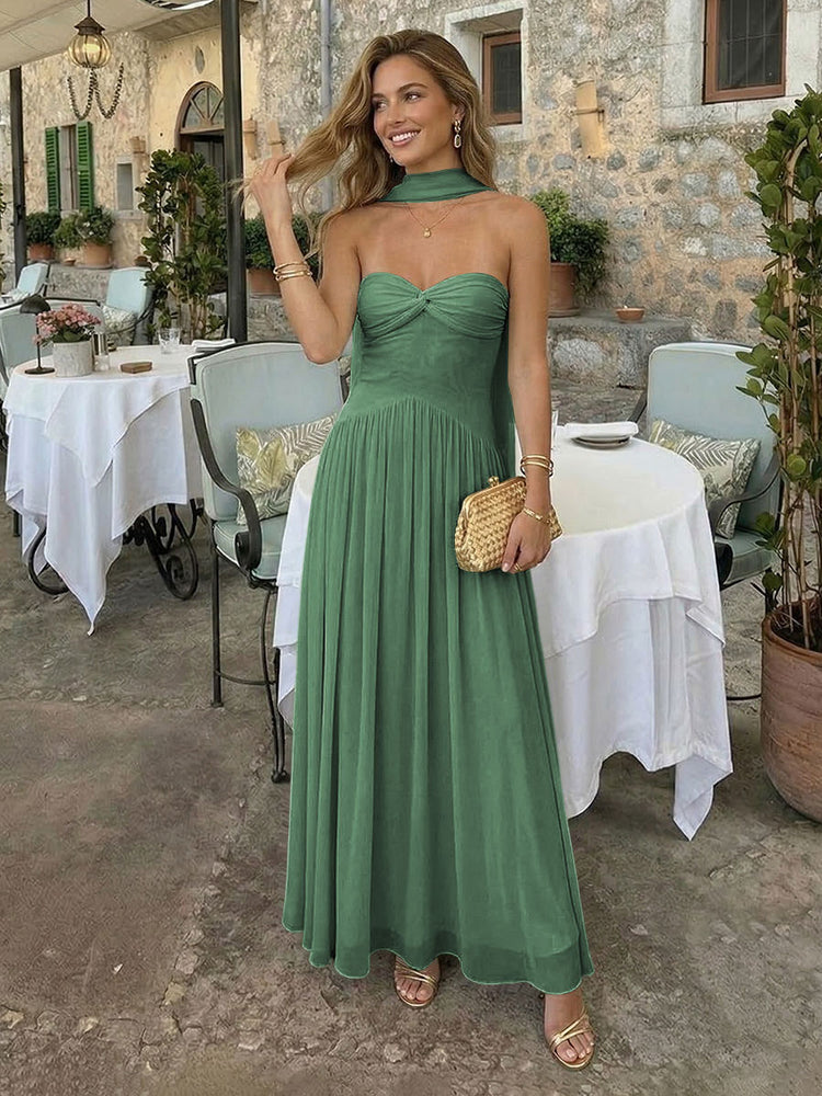 Chiffon A-Line Strapless Long Bridesmaid Dresses with Scarf