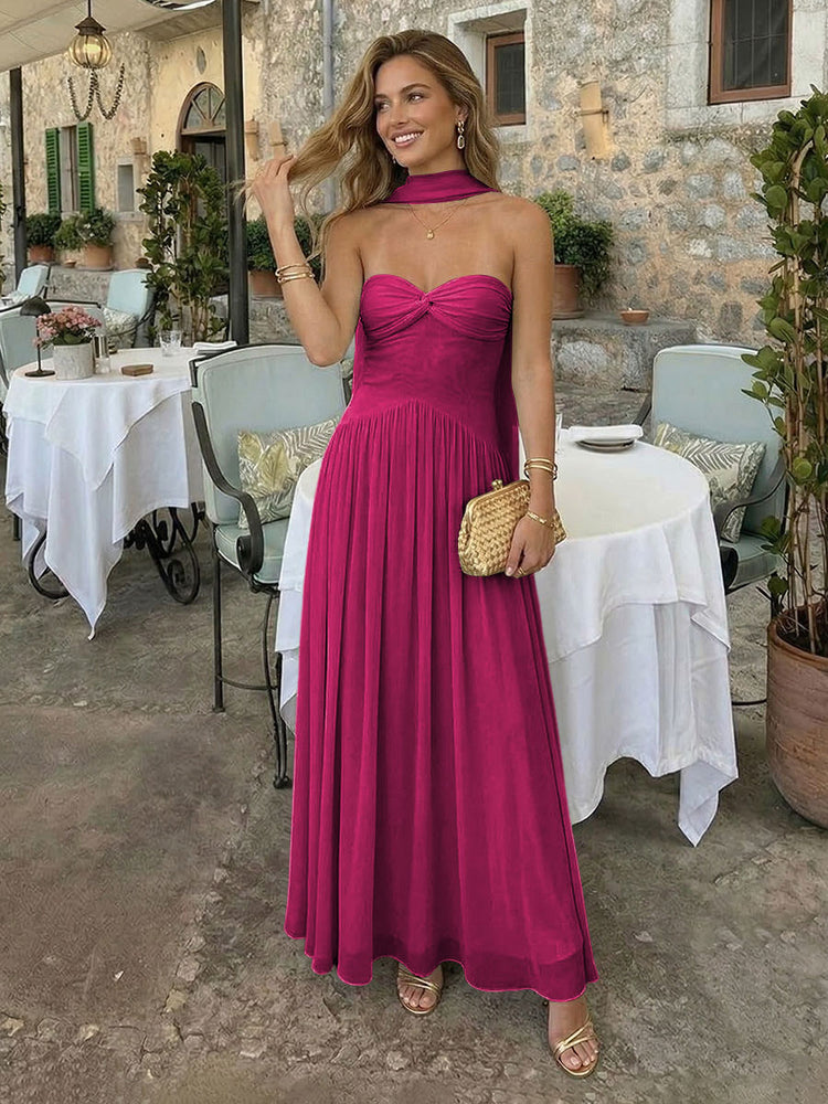 Chiffon A-Line Strapless Long Bridesmaid Dresses with Scarf