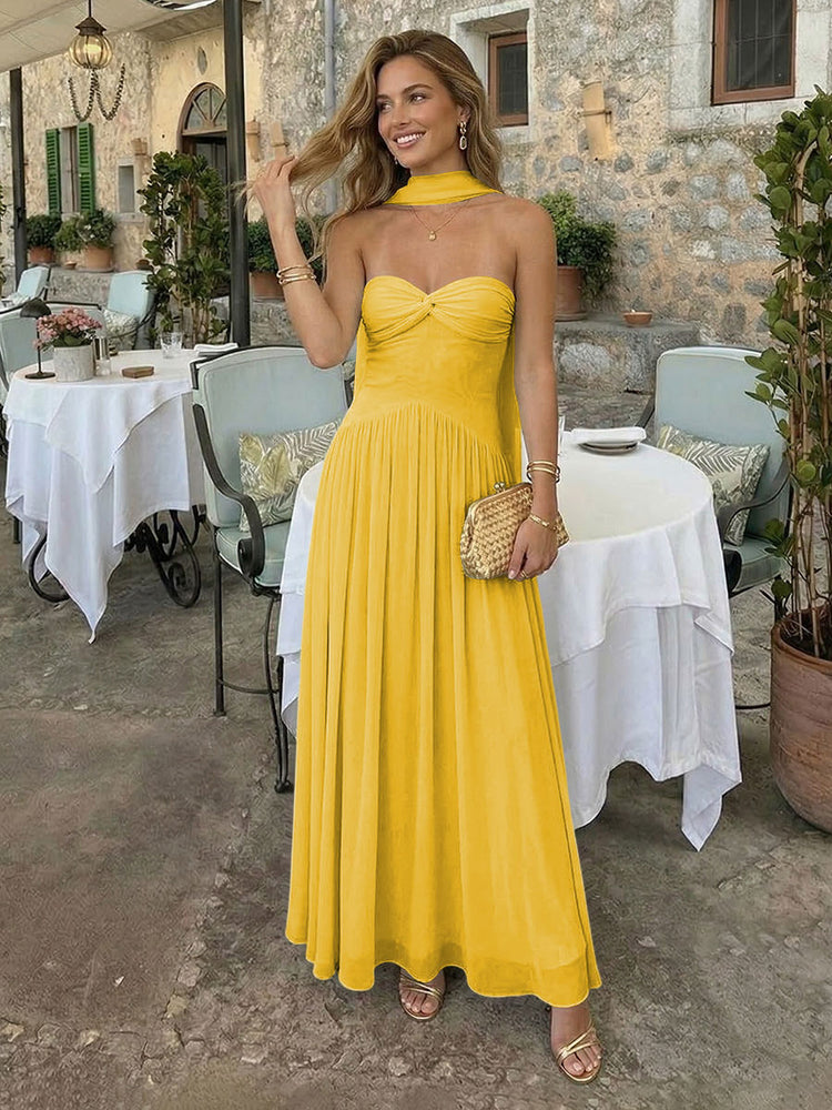 Chiffon A-Line Strapless Long Bridesmaid Dresses with Scarf