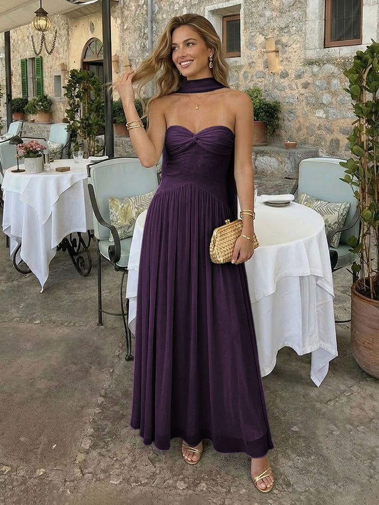 Chiffon A-Line Strapless Long Bridesmaid Dresses with Scarf