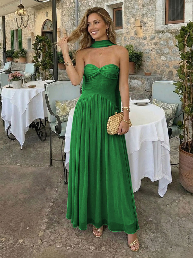 Chiffon A-Line Strapless Long Bridesmaid Dresses with Scarf