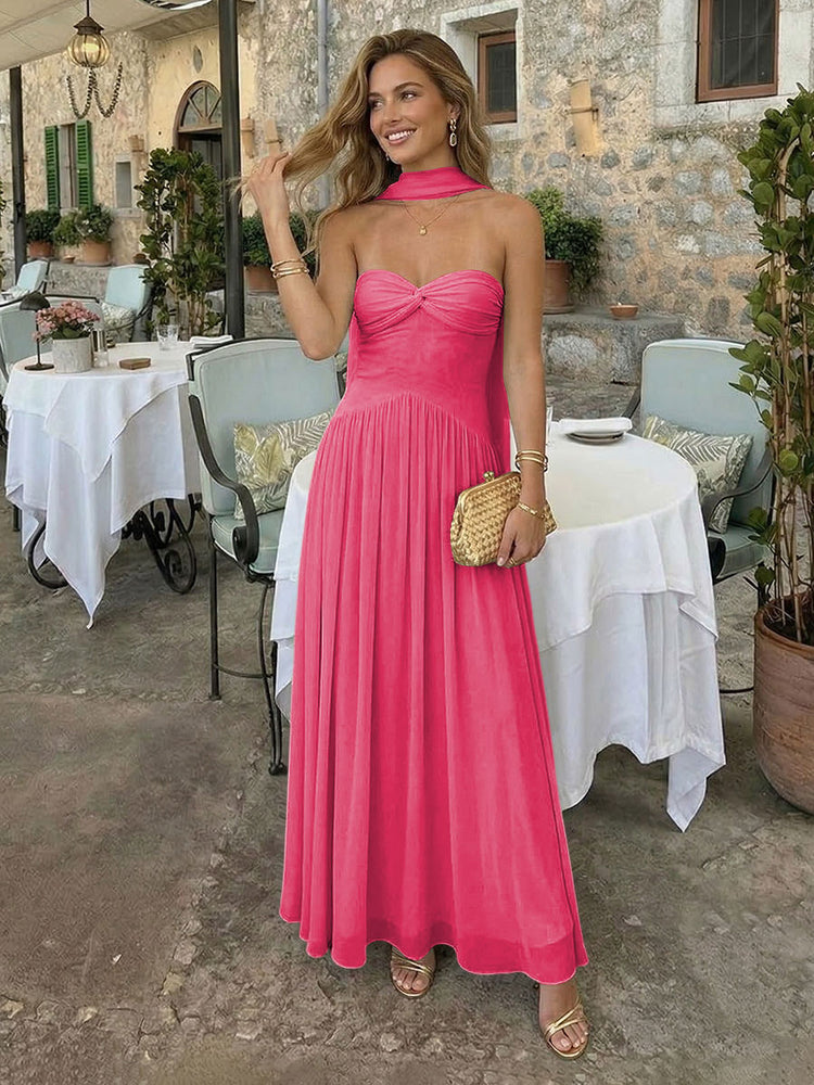 Chiffon A-Line Strapless Long Bridesmaid Dresses with Scarf