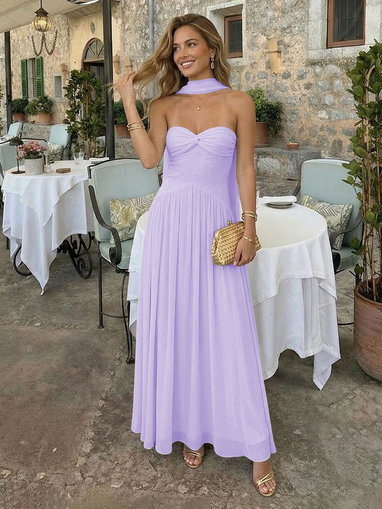 Chiffon A-Line Strapless Long Bridesmaid Dresses with Scarf