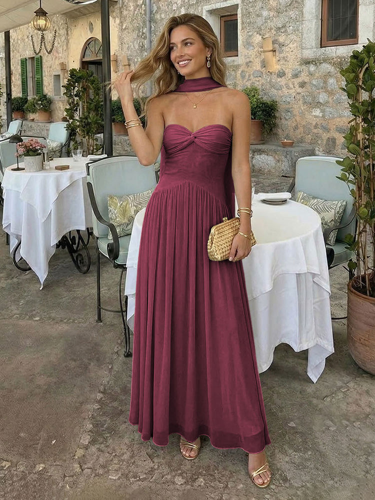 Chiffon A-Line Strapless Long Bridesmaid Dresses with Scarf