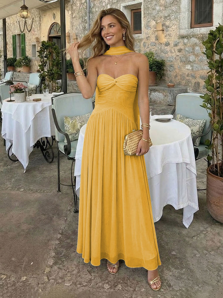 Chiffon A-Line Strapless Long Bridesmaid Dresses with Scarf