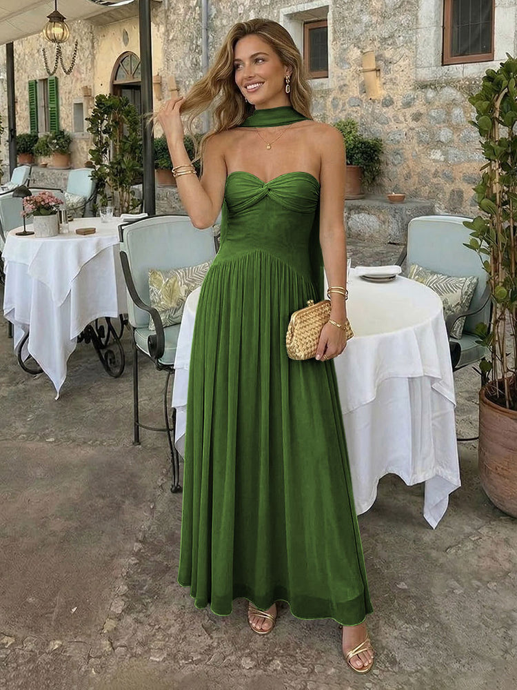 Chiffon A-Line Strapless Long Bridesmaid Dresses with Scarf