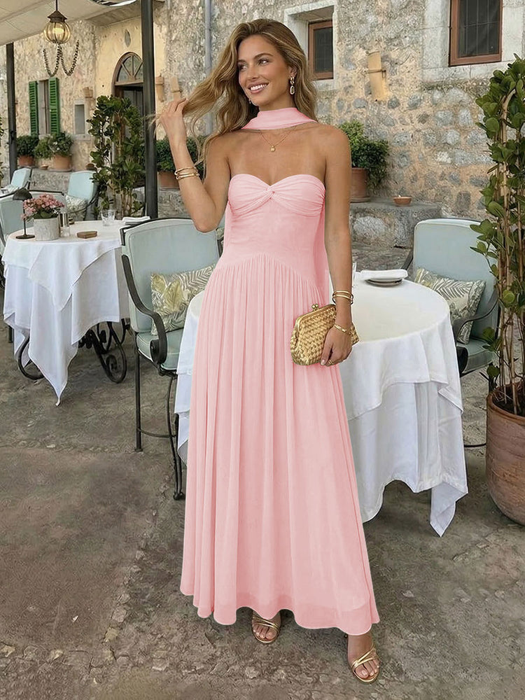 Chiffon A-Line Strapless Long Bridesmaid Dresses with Scarf
