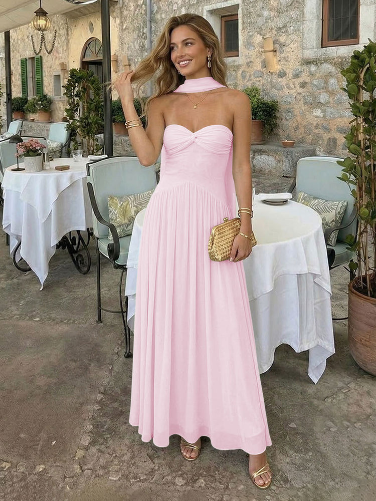 Chiffon A-Line Strapless Long Bridesmaid Dresses with Scarf
