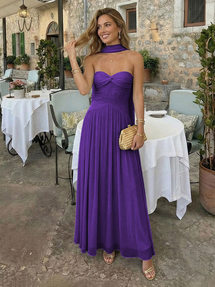 Chiffon A-Line Strapless Long Bridesmaid Dresses with Scarf