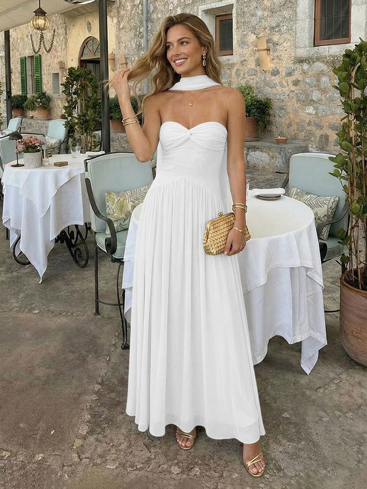 Chiffon A-Line Strapless Long Bridesmaid Dresses with Scarf