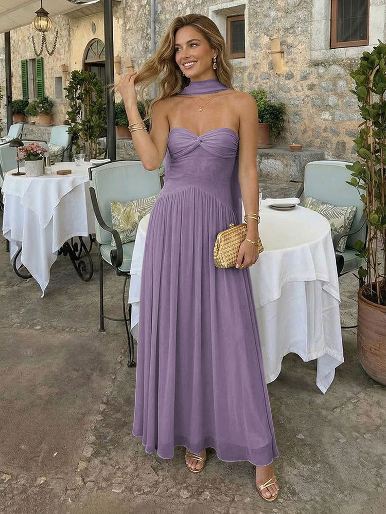 Chiffon A-Line Strapless Long Bridesmaid Dresses with Scarf