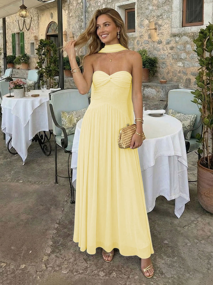 Chiffon A-Line Strapless Long Bridesmaid Dresses with Scarf
